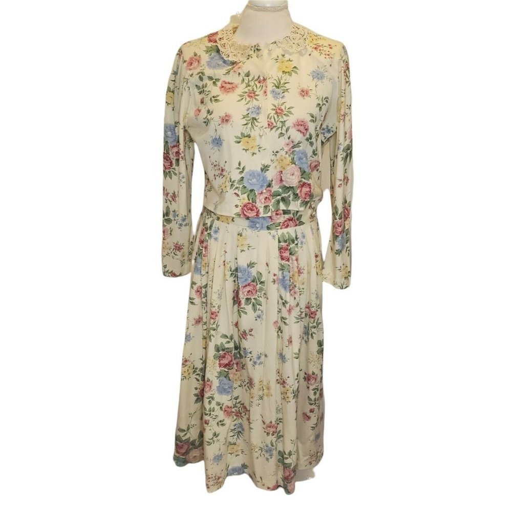 Vintage 90s Cottage Core Floral Cropped Skirt Set Beige Crochet Collar M/L